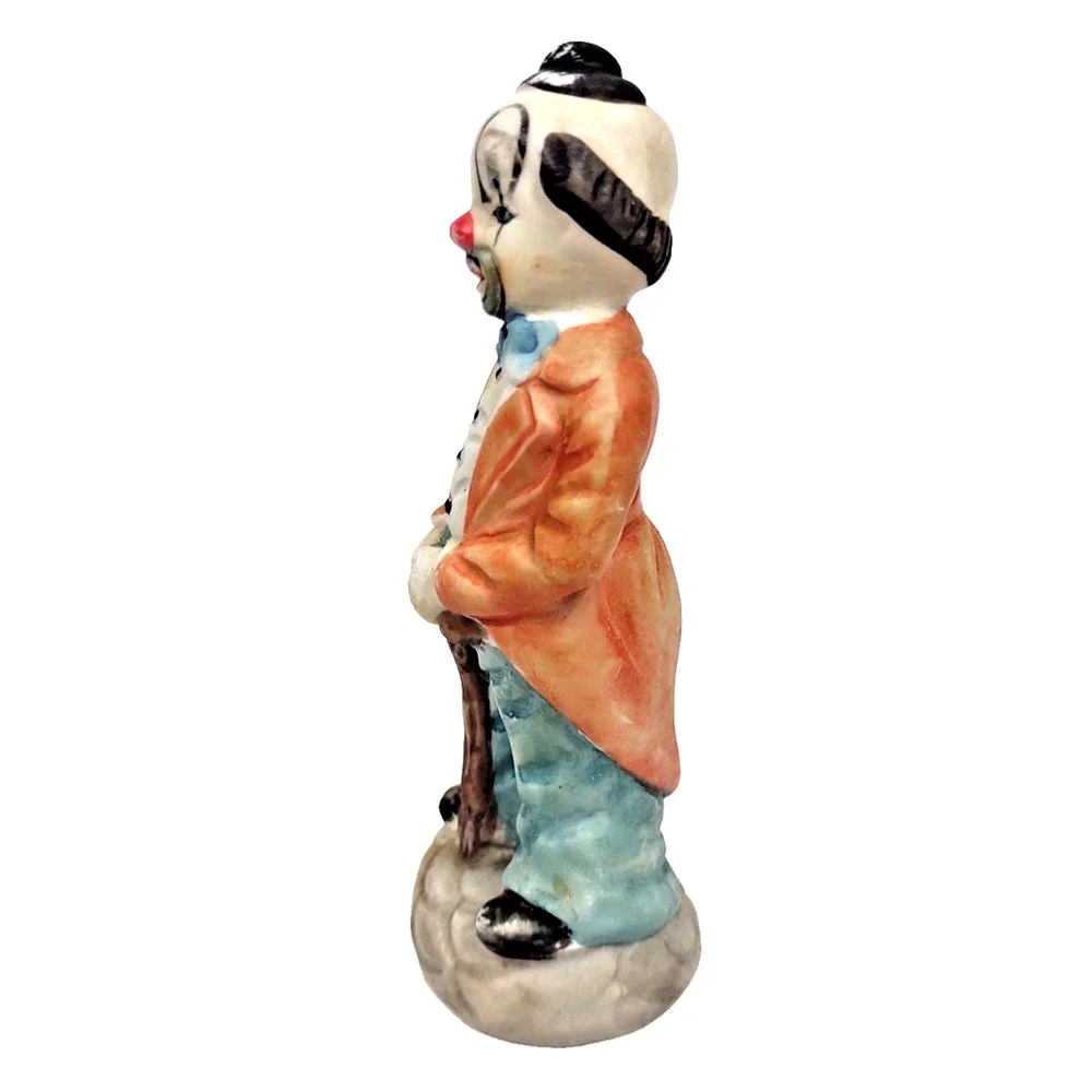 Vintage Bisque Porcelain Clown Figurine Hobo w Cane Taiwan 6” Tall Taiwan